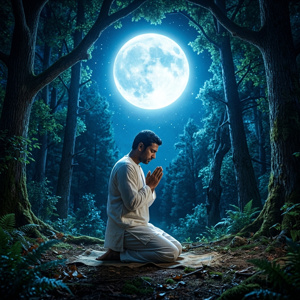 Man praying under full moon