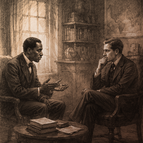 Two professionals in conversation reviewing documents