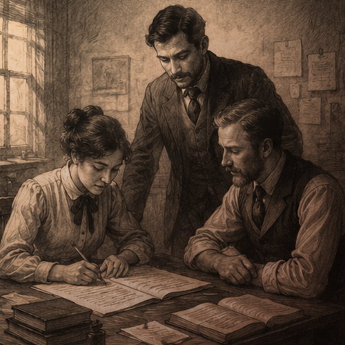 Team gathered at a desk collaborating on papers