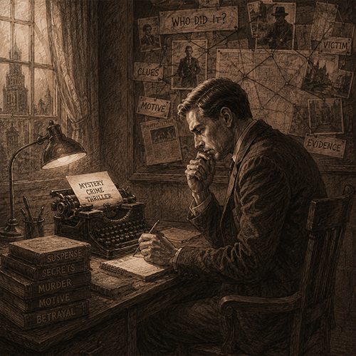 Crime novel ghostwriter outlining a suspense plot with an author
