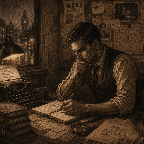 Thriller book writer planning a gripping storyline